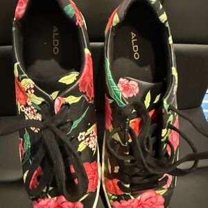 ALDO Black Floral Lace-Up Sneakers with Red and Pink Blooms